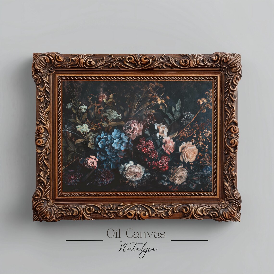 Dark Moody Floral Still Life Blush Roses Hydrangea Vintage Wall Art Print - Image 2