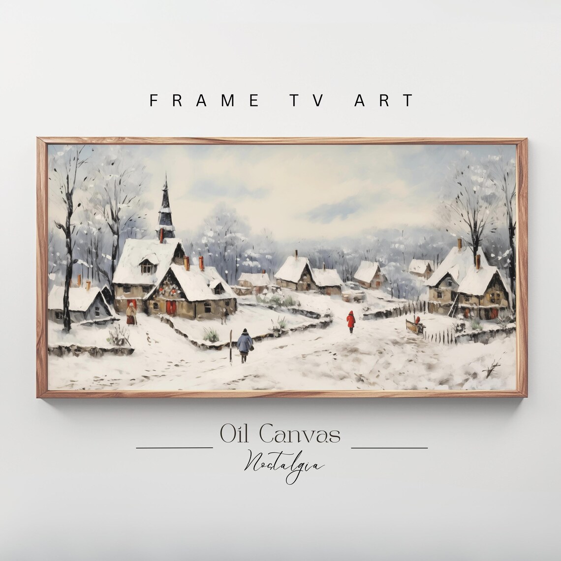 Snowy Winter Village Cottages Church Steeple Christmas Wall Art