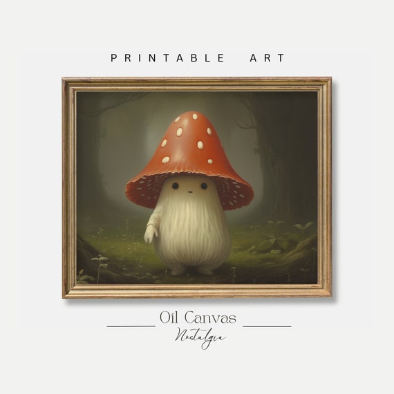 Botanical Mushrooms Wall Art Dark Cottagecore Moody Vintage Green Witch Decor Dark Academia Oil Painting