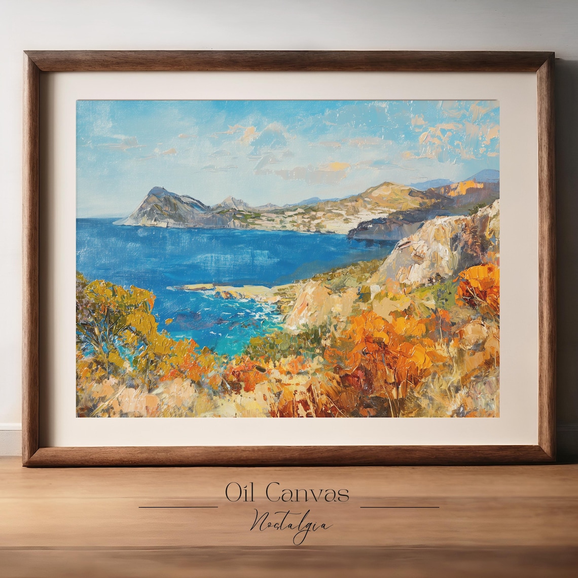 Autumn Coastal Bay Golden Foliage Blue Water Rocky Headland Oil Poster - Image 2