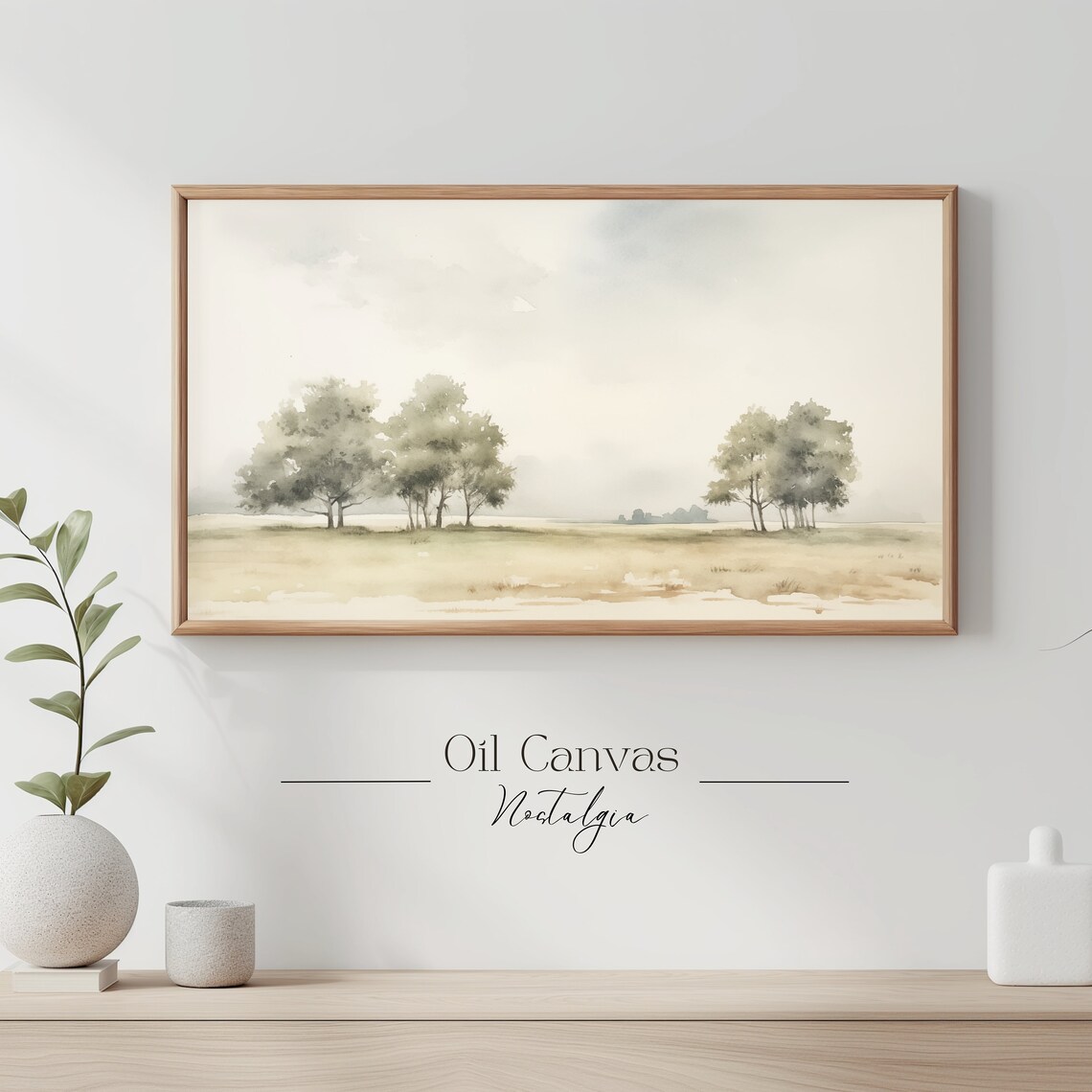 Watercolor Meadow Two Tree Clusters Soft Morning Haze Country Wall Art - Image 3