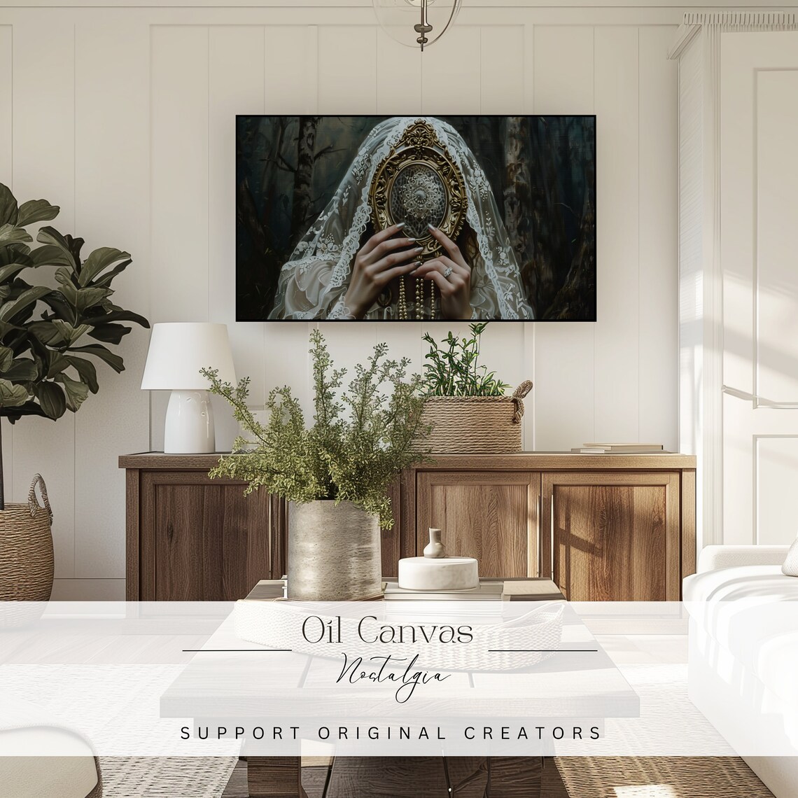 Veiled Woman Gold Mirror Victorian Gothic Dark Academia Moody Wall Art Poster - Image 3
