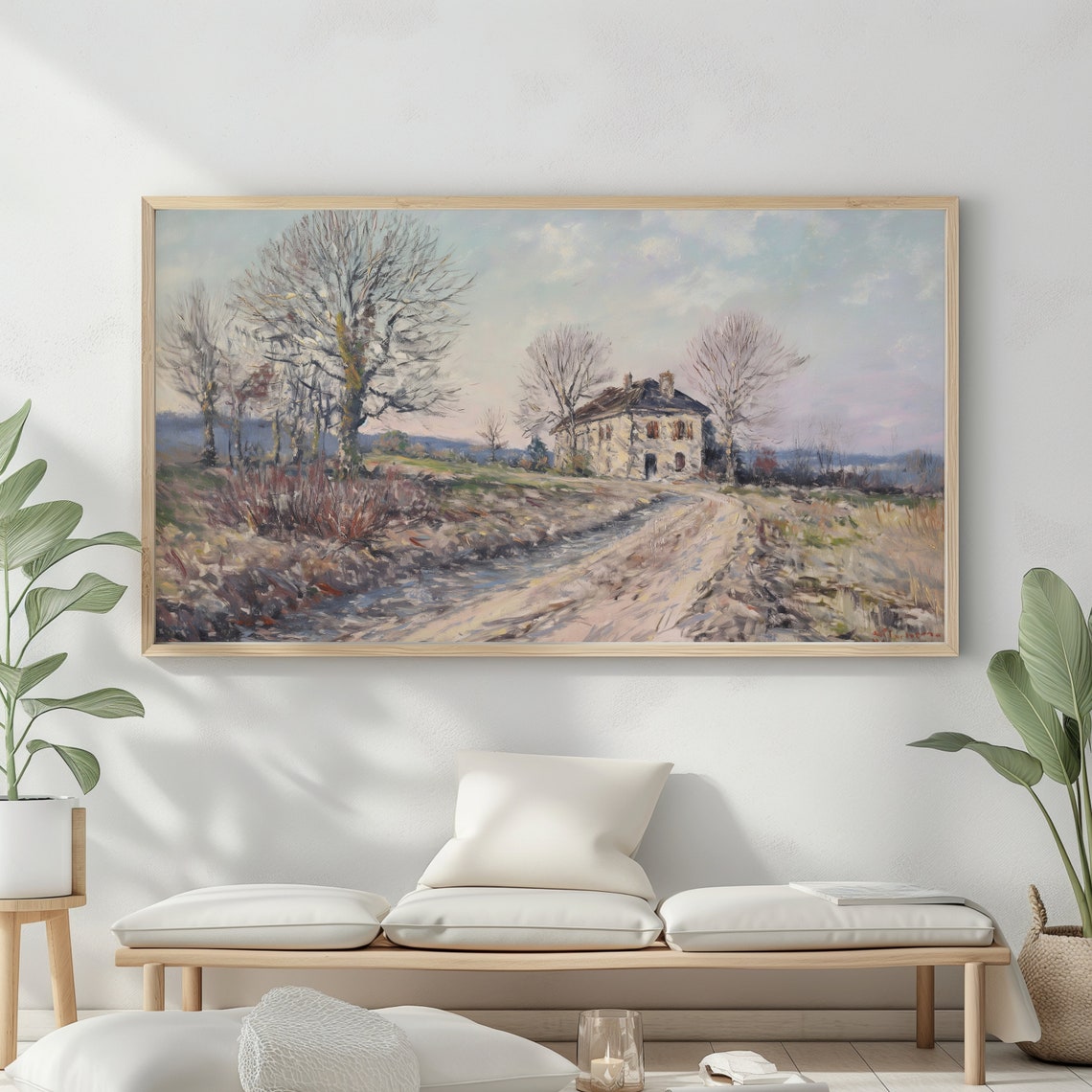 Bare Trees Farmhouse Late Autumn Road Vintage Countryside Wall Art - Image 2
