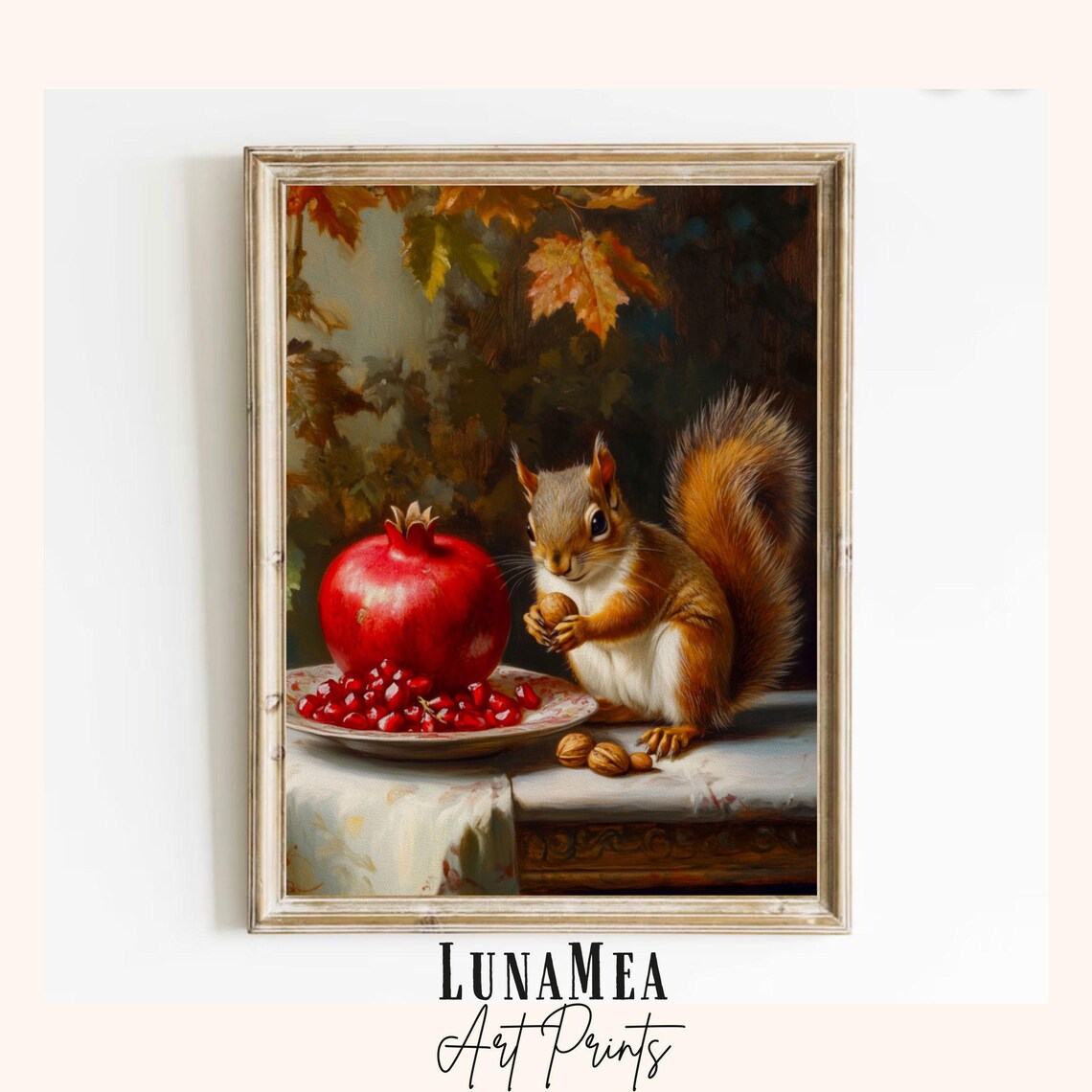 Squirrel with Pomegranate Autumn Still Life Vintage Animal Painting Wall Art