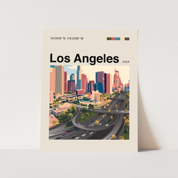 Los Angeles Downtown Freeway Skyline Dusk Illustration Travel Poster