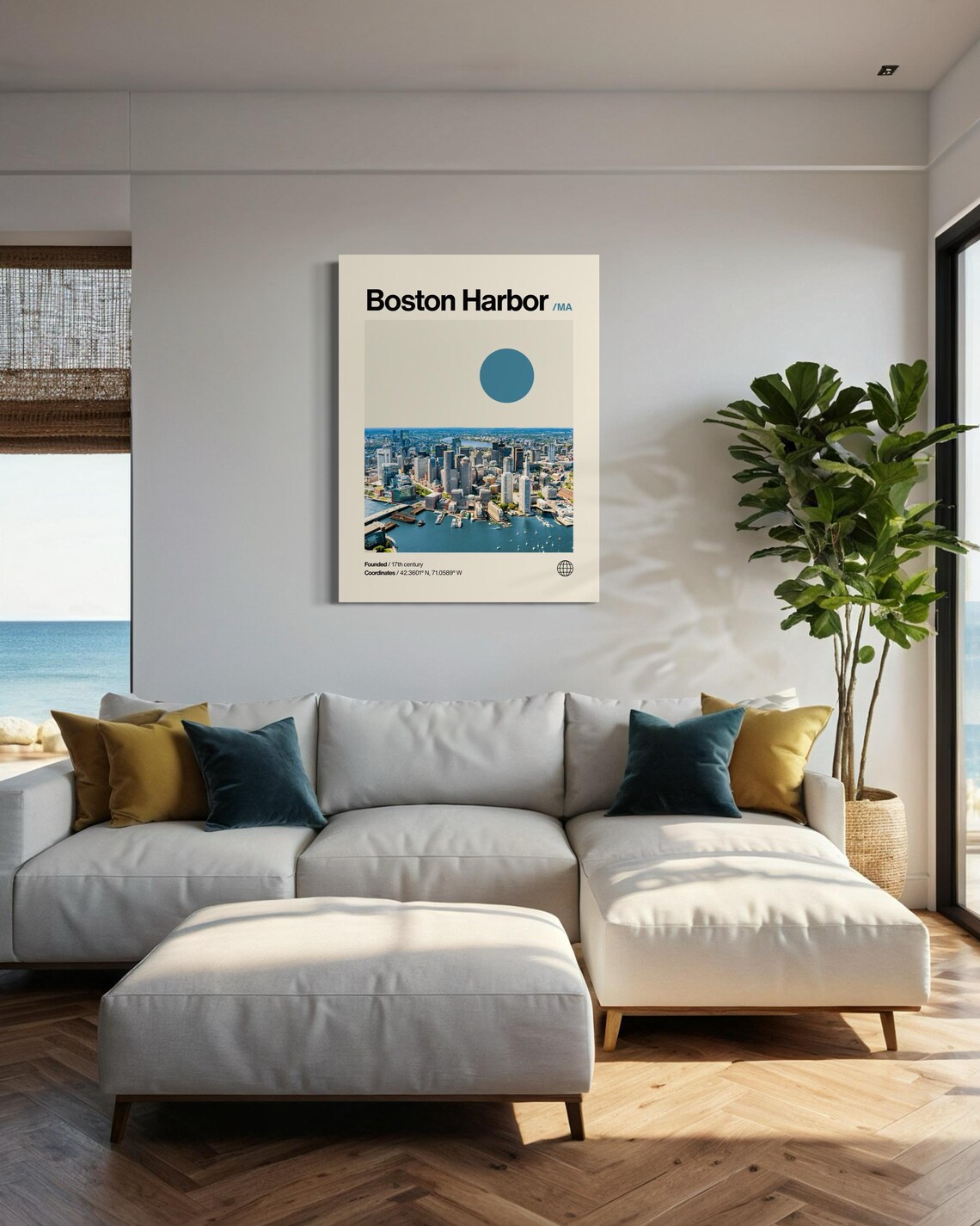 Boston Harbor Massachusetts Aerial Skyline Minimalist Travel Poster - Image 3