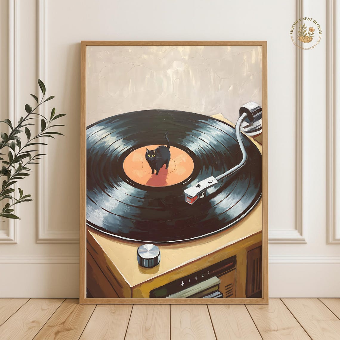 Funny Black Cat Standing Atop A Vinyl Record Turntable Poster