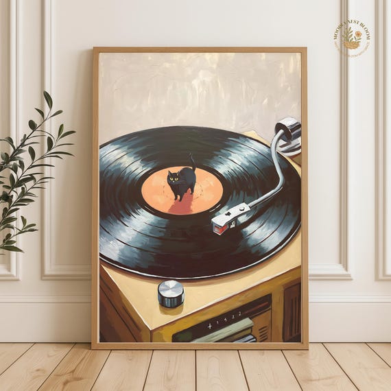 Funny Black Cat Vinyl Record Print Retro Oil Painting Style Wall Art