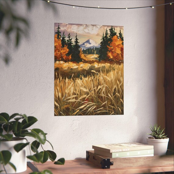 Autumn Mountain Landscape Oil Painting Golden Wheat Field Poster