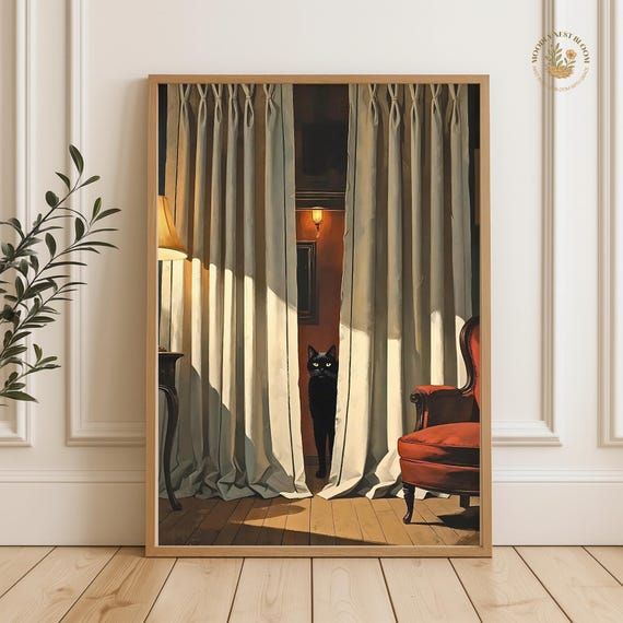 Black Cat Behind Vintage Velvet Curtains Gothic Parlor Art Print