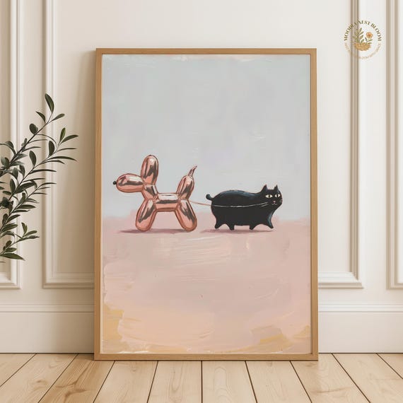 Funny Black Cat Balloon Dog Print Quirky Whimsical Wall Art
