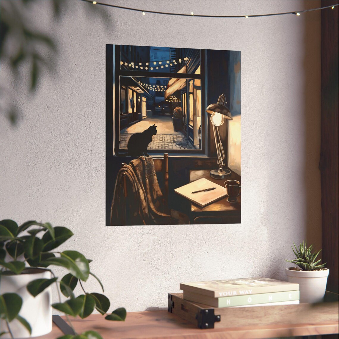 Black Cat Silhouette Night Window Glowing City Street Cozy Art Poster