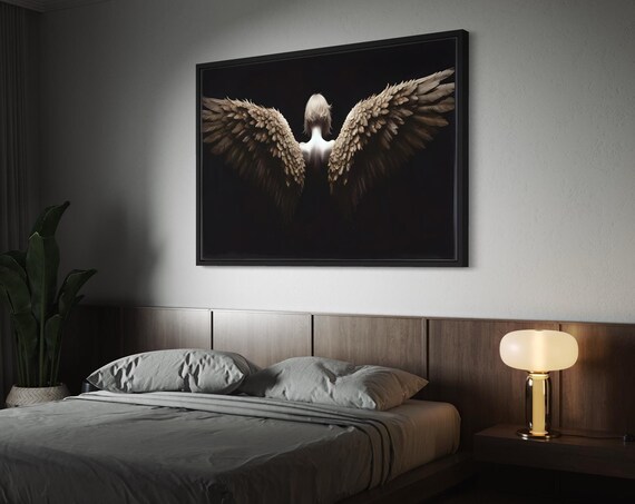 Angel Wings Spread Black Background Spiritual Guardian Art Poster