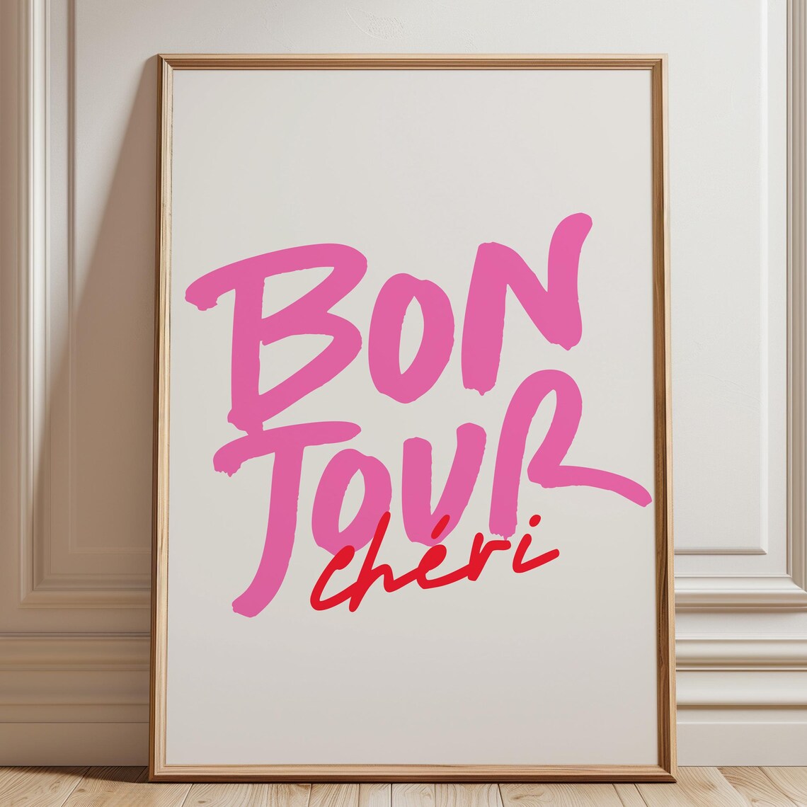 Bonjour Cheri Pink French Typography Poster for Trendy Girl Room Decor
