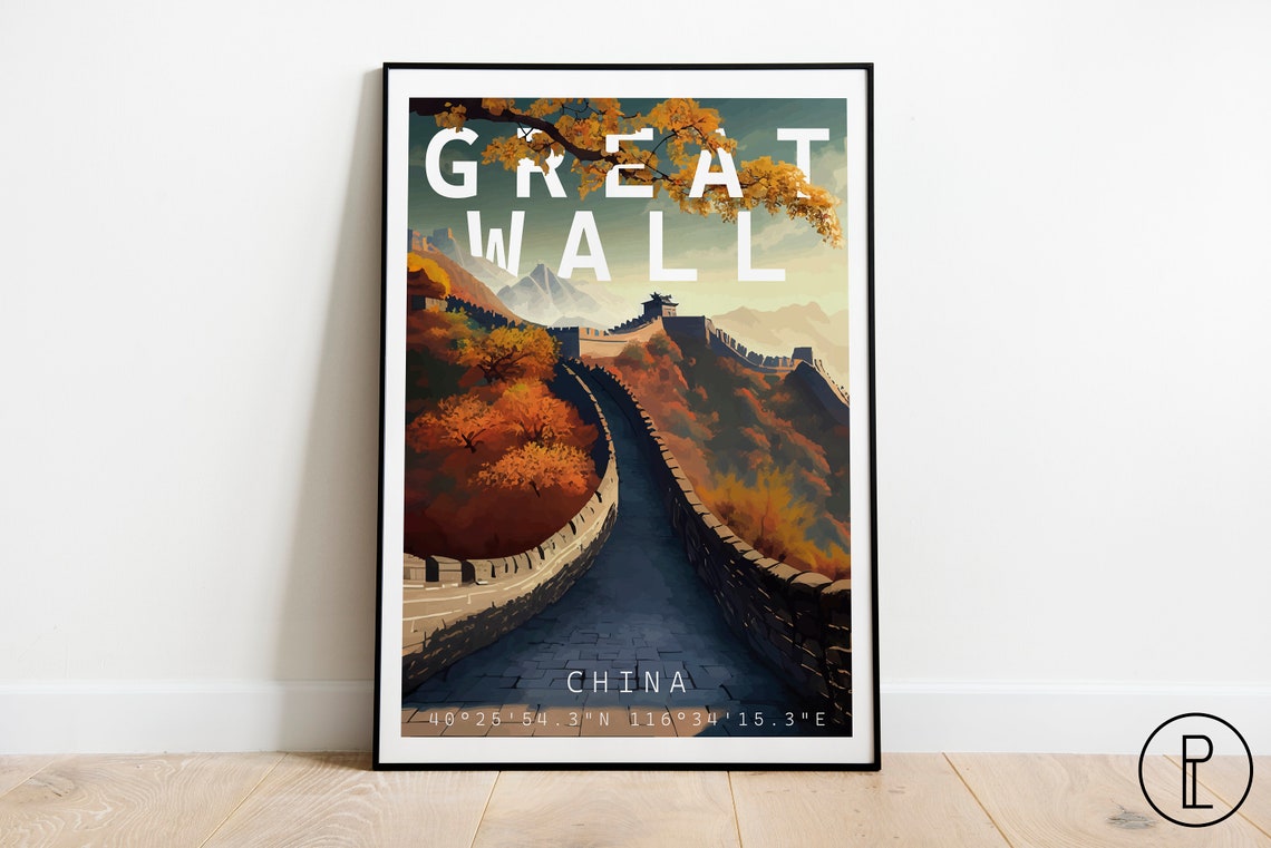 Great Wall China Autumn Mountains Vintage Adventure Travel Poster