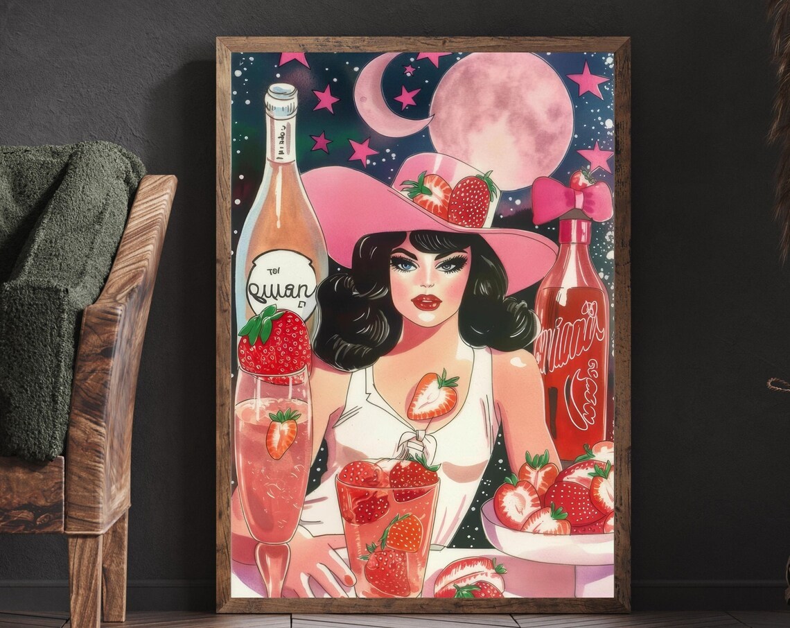 Retro Pink Cowgirl Strawberry Soda Moonlight Illustration Poster