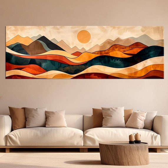 Abstract Mid Century Mountains Wall Art Mountain Sunset Print Landscape Modern Art Living Room Decor Extra Large Art
