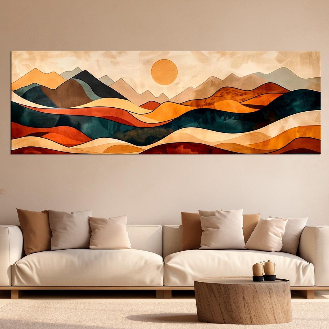 Abstract Mid Century Mountains Wall Art Mountain Sunset Print Landscape Modern Art Living Room Decor Extra Large Art
