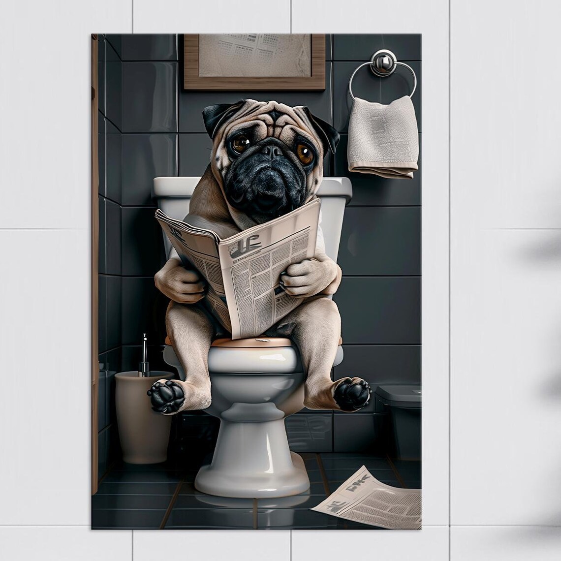 Funny Pug Sitting On Toilet Reading Newspaper Bathroom Humor Wall Art