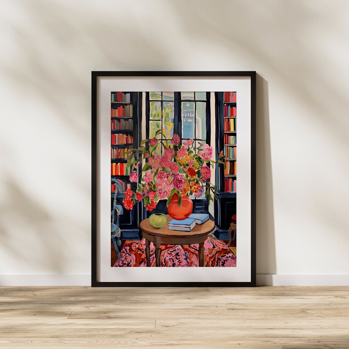 Cozy Home Library with Pink Flowers and Tall Bookcase Poster - Image 2