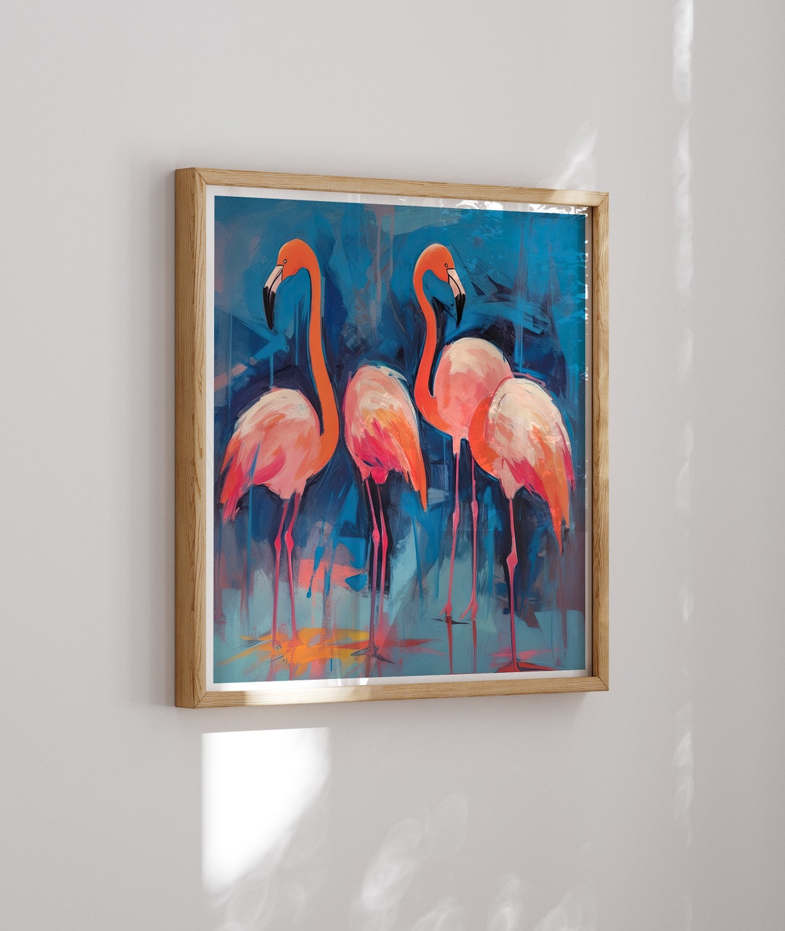 Three Pink Flamingos on Blue Water Painterly Tropical Bird Art Poster - Image 2