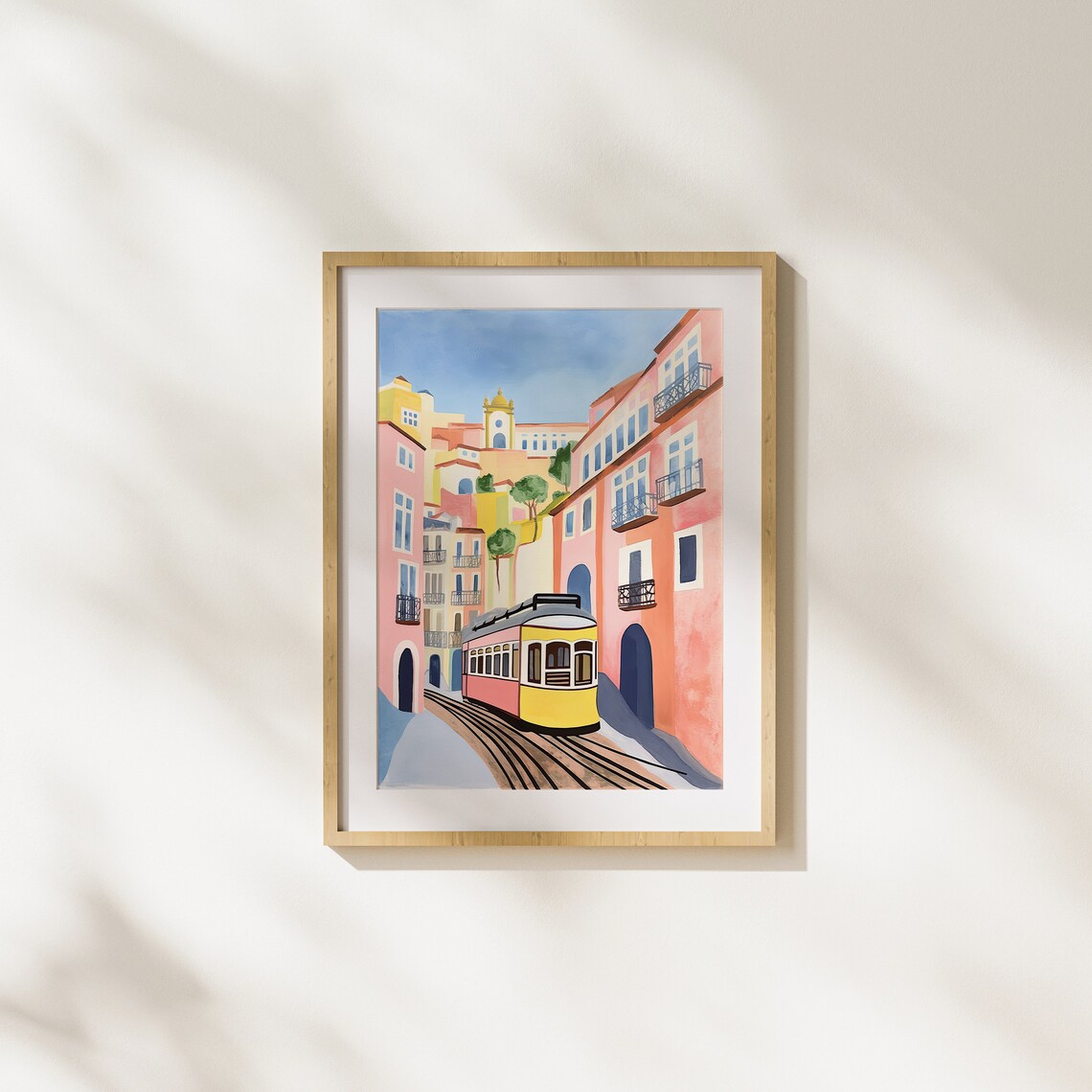 Sunlit Lisbon Tram Between Pink Townhouses European Travel Poster