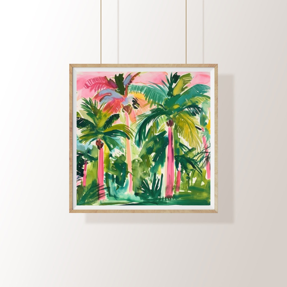 Pink Palm Trees Against Sunset Sky Tropical Watercolor Art Poster