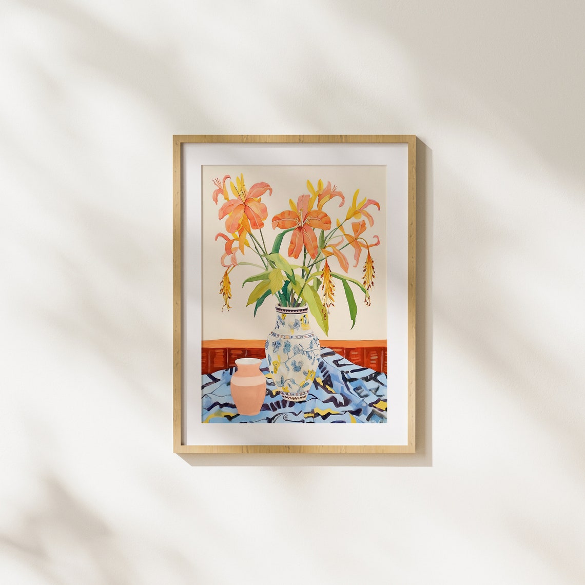 Orange Lilies in Patterned Vase Bright Botanical Flower Art Poster