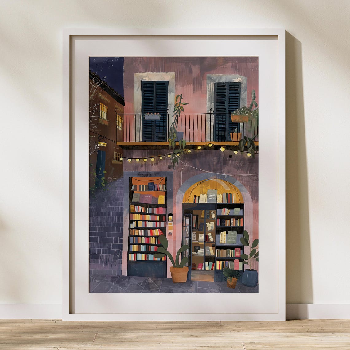 Charming Night Bookshop With Glowing String Lights And Shutters Poster - Image 2