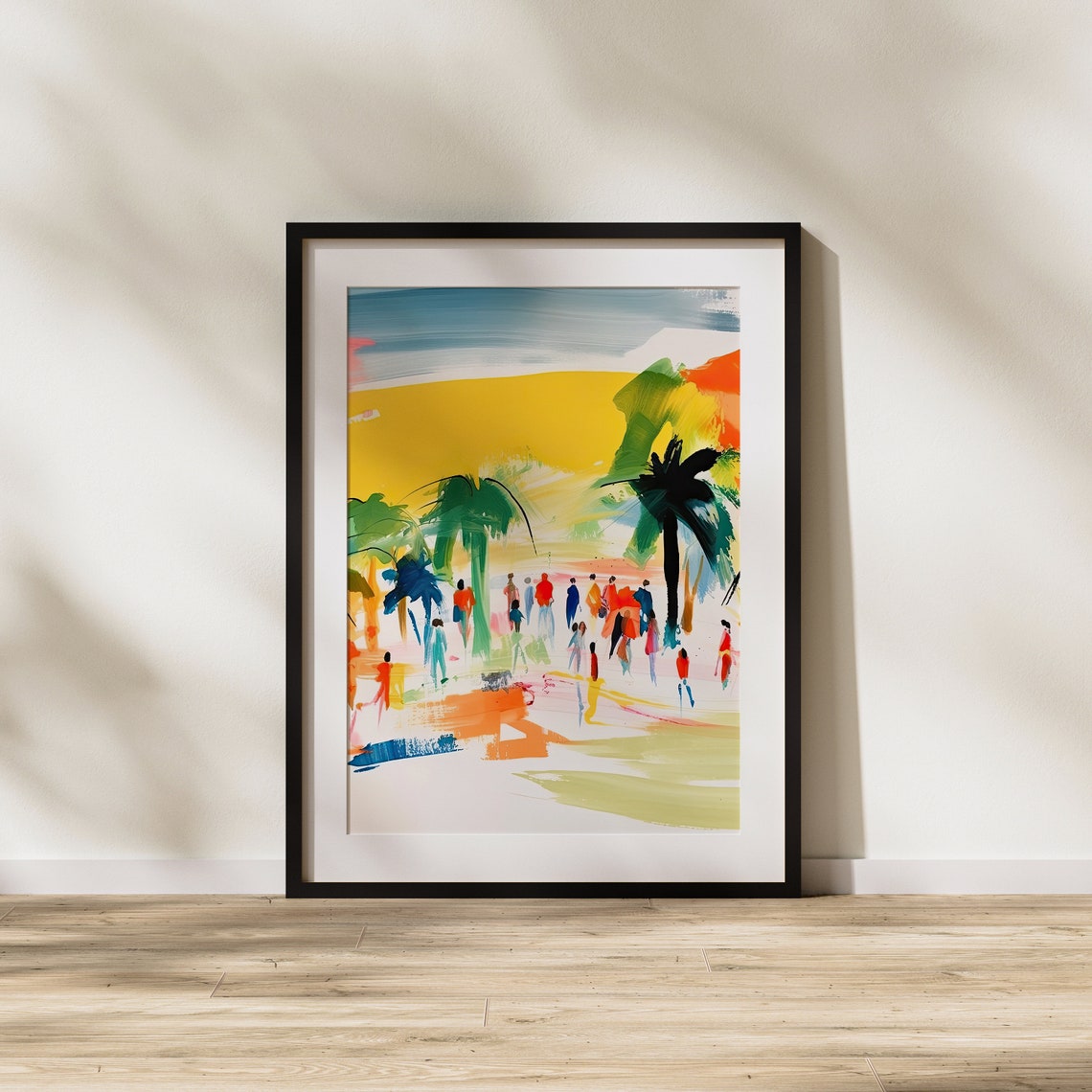 Gouache Beach Day Scene Palm Trees People Yellow Sunset Sky Poster - Image 2