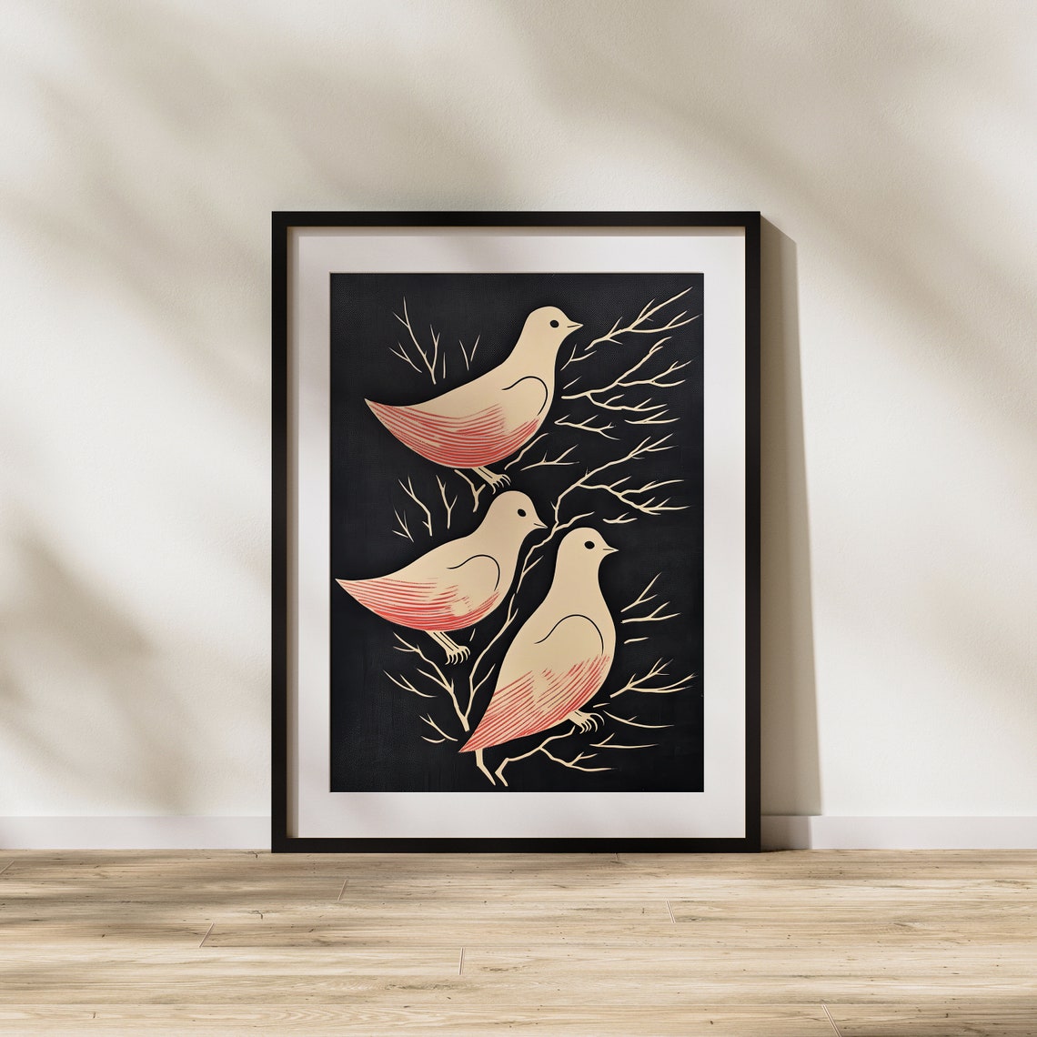 Three Cream Doves On Bare Branches Vintage Black Woodcut Art Poster - Image 2