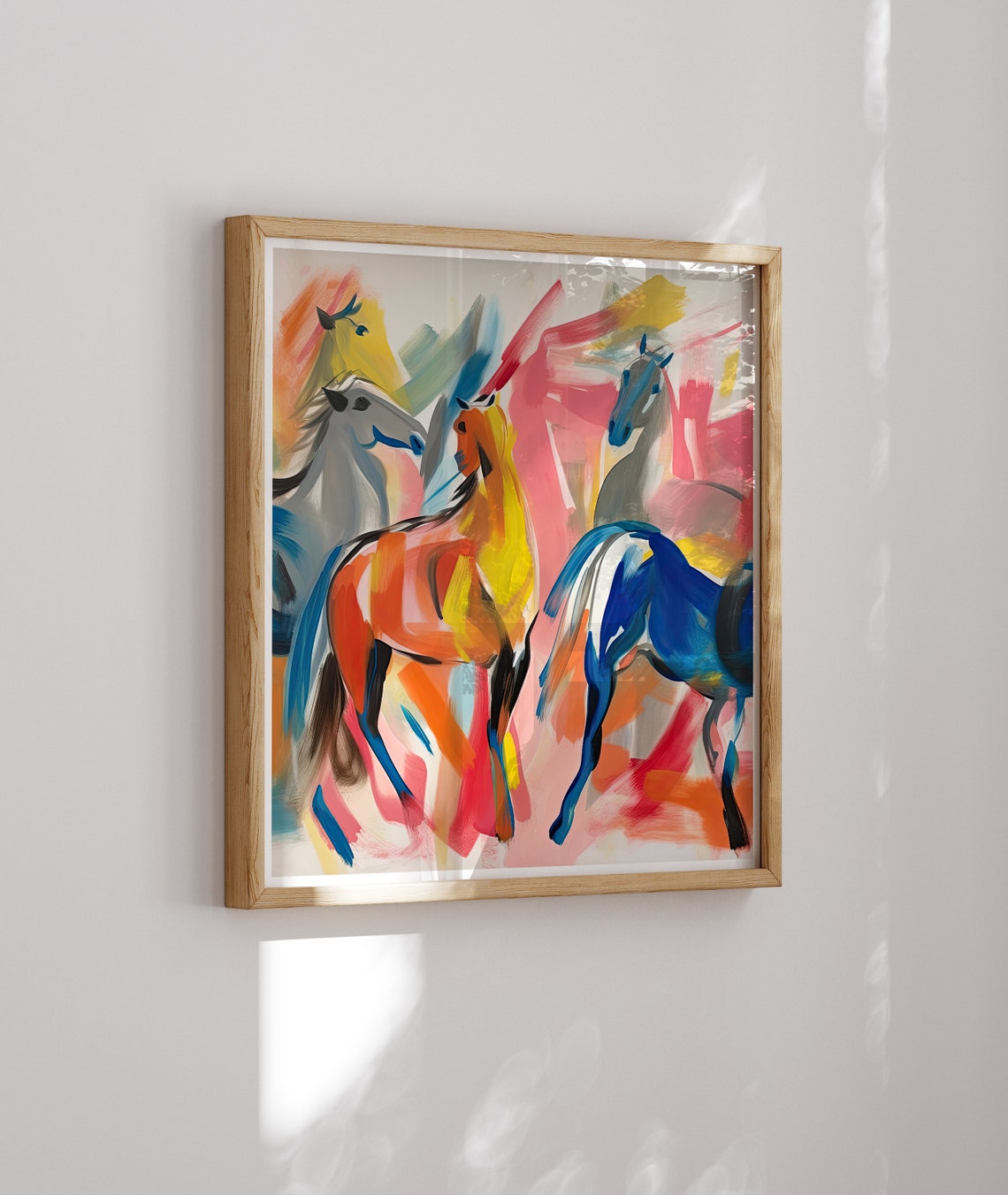 Galloping Horses In Bold Orange Blue And Pink Abstract Art Poster - Image 2