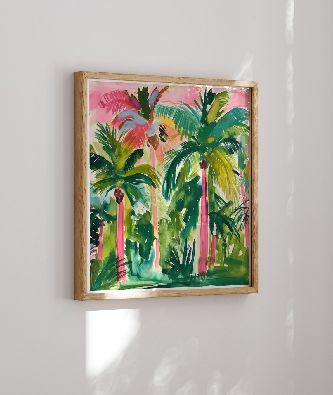 Pink Palm Trees Against Sunset Sky Tropical Watercolor Art Poster - Image 2