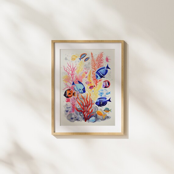 Fish Sea Underwater Corals Life Nature Colorful Illustration Painting Art Unique