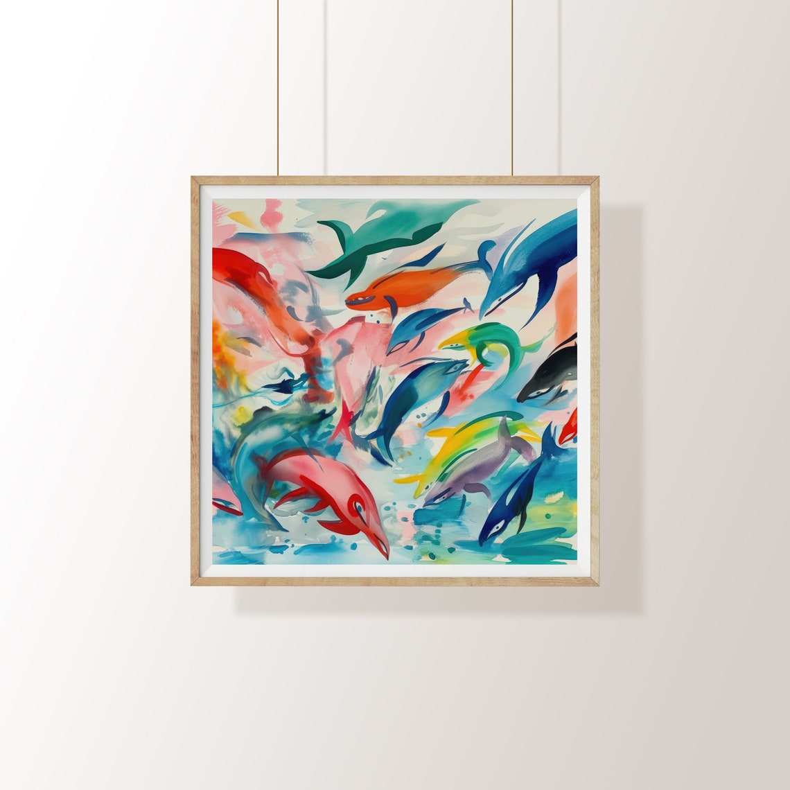 Swimming Dolphins In Vibrant Colors Abstract Underwater Art Poster
