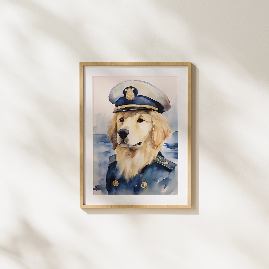 Golden Retriever Captain in Uniform Whimsical Sailor Dog Art Poster