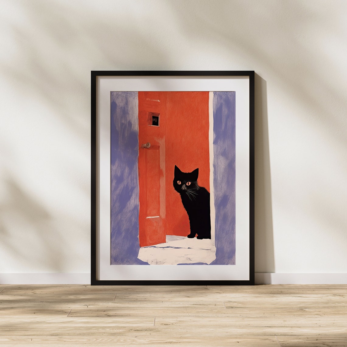 Black Cat Peeking From Behind Red Door Playful Animal Art Poster - Image 3