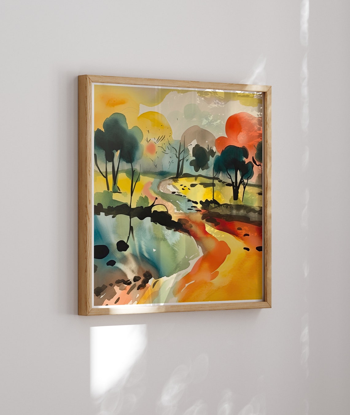 Watercolor Autumn Landscape with a River and Golden Trees Poster - Image 2