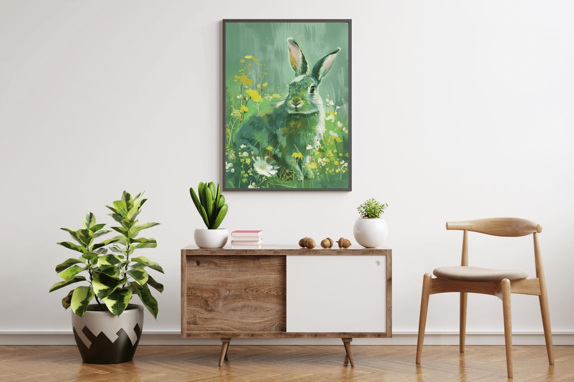 Green Bunny In Wildflowers Vintage Spring Meadow Rabbit Art Poster - Image 4