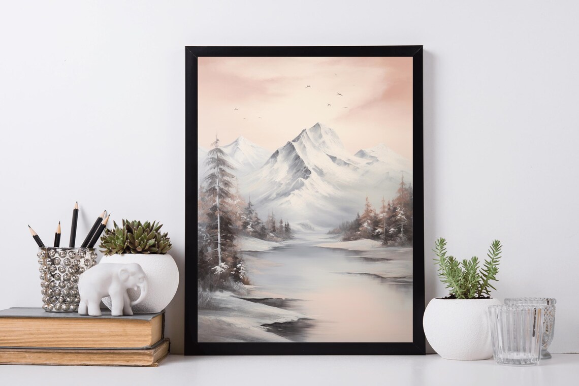 Snowcapped Mountain Pink Sky Still Lake Vintage Oil Painting Poster