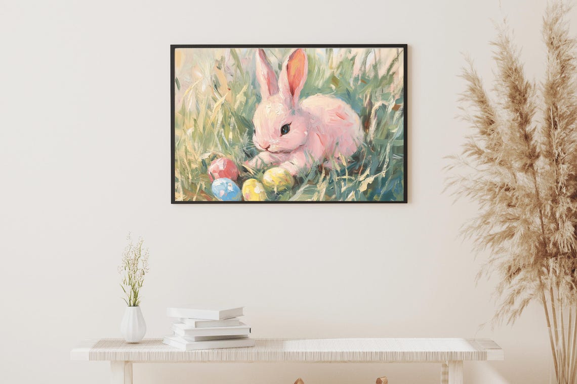 Pink Easter Bunny With Painted Eggs Vintage Spring Grass Art Poster - Image 4