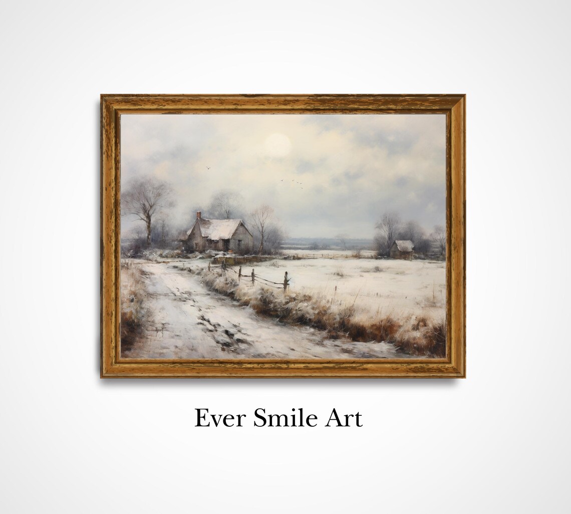 Winter Farmhouse Snowy Country Road Vintage Rustic Oil Painting