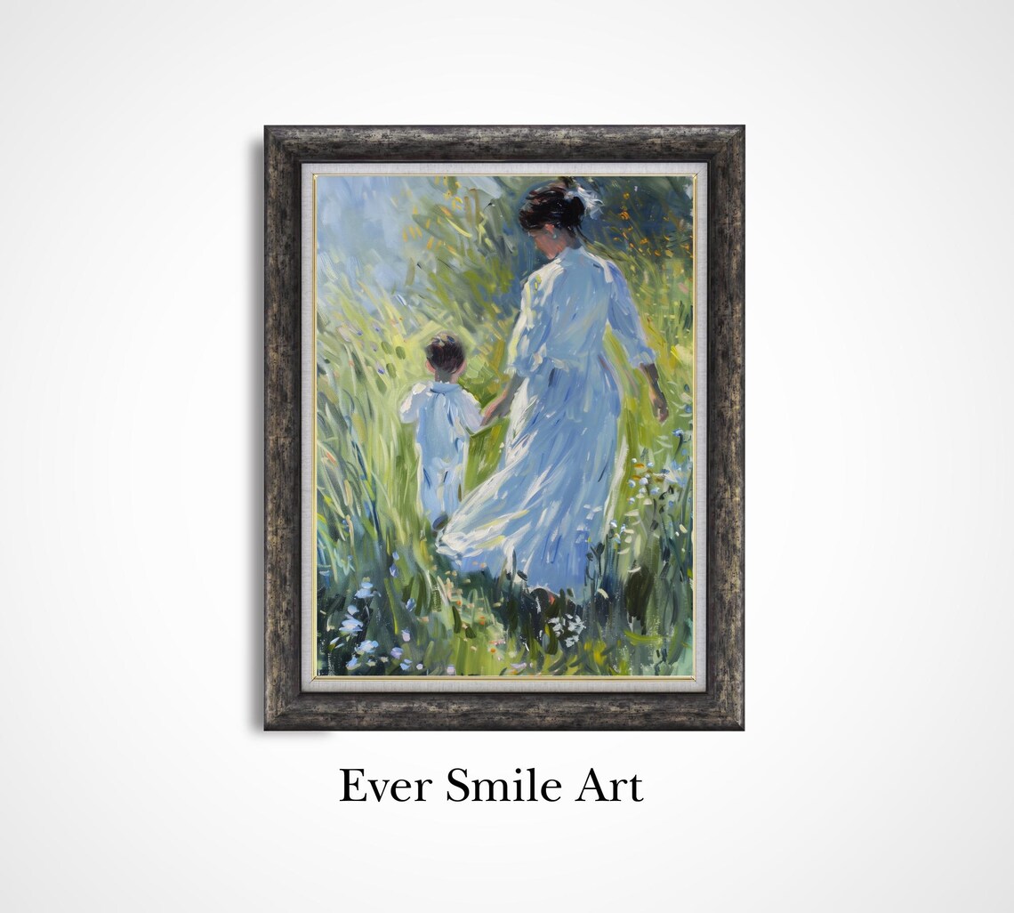 Mother And Child Strolling Through Sunny Meadow Vintage Art Poster