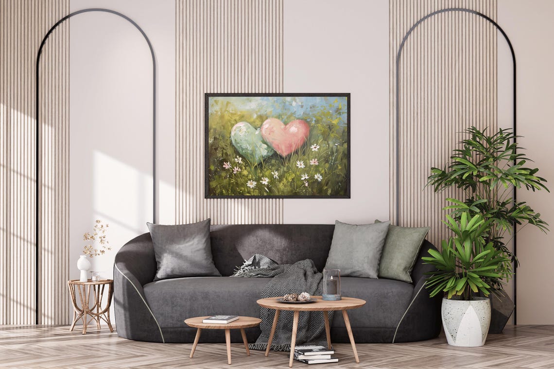 Pink And Mint Hearts In Daisy Meadow Vintage Valentine Art Poster - Image 3