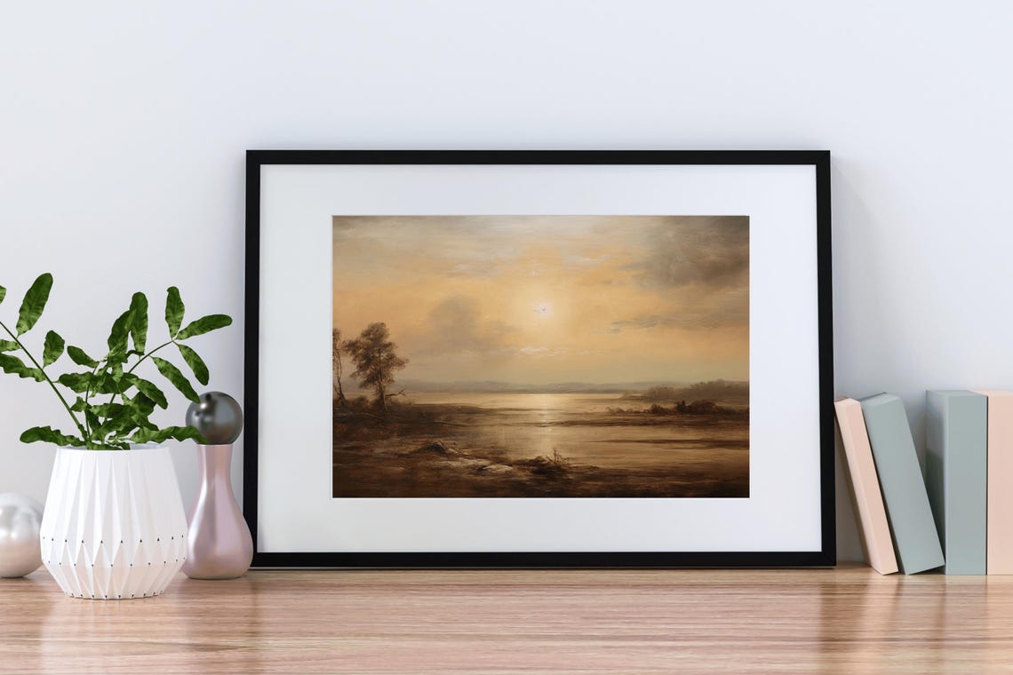 Golden Sunset Calm Lake Shore Lone Tree Warm Haze Nature Art Poster - Image 2