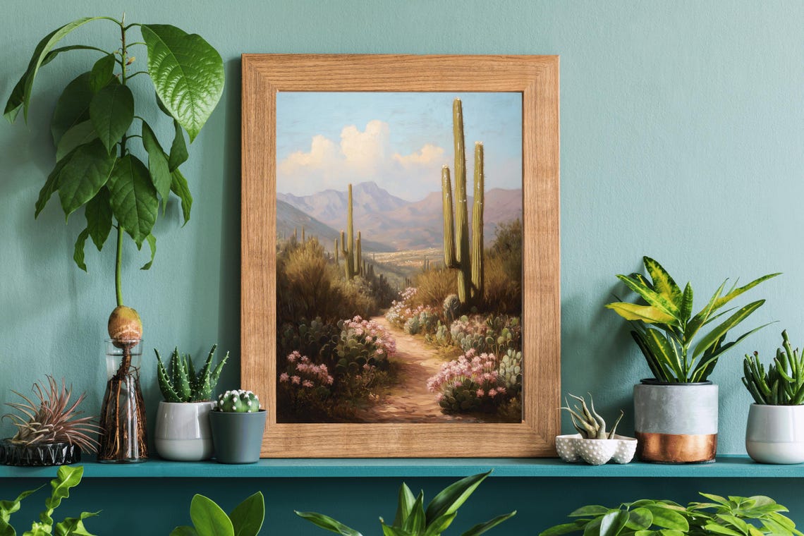 Desert Trail Pink Blooming Cacti Saguaro Mountain Landscape Poster - Image 3