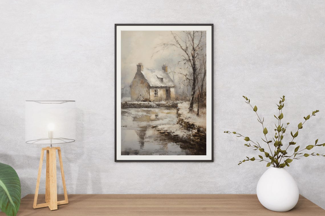 Stone Cottage By Winter Pond Reflection Vintage Oil Painting Print - Image 5