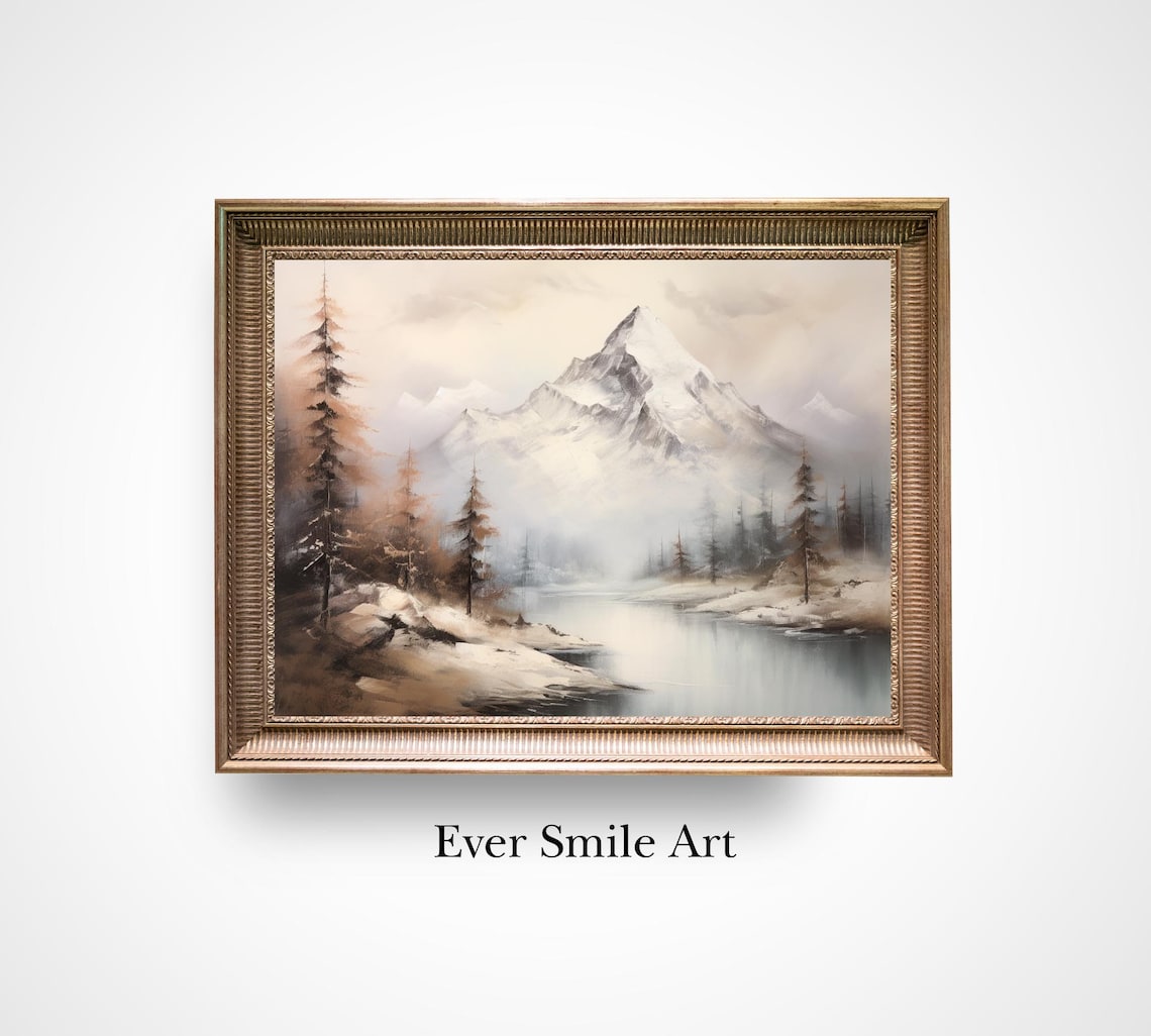 Snowcapped Peak Calm Lake Pines Vintage Sepia Oil Painting Print