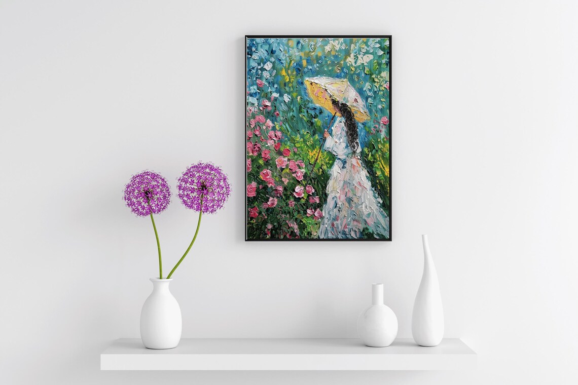 Vintage Oil Painting Woman With Parasol In Flower Garden Wall Art Large Bedroom Decor Home And Nursery Gift Wall Art Gift - Image 2