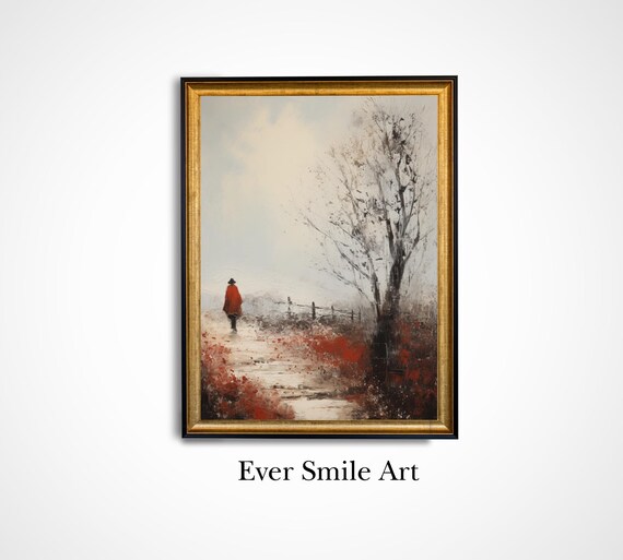 Red Coat Winter Walker Snowy Path Vintage Oil Painting Wall Art